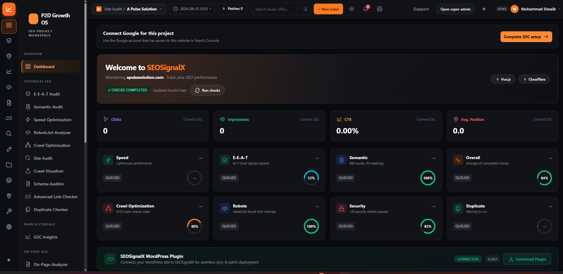 P2D SEO platform project dashboard showing Search Console metrics and SEO audit modules
